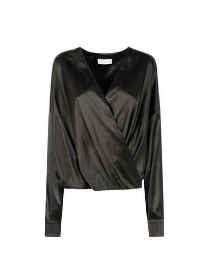 Blouse Femme Satin Noir Cache-Cœur – Élégance Chic & Fluide