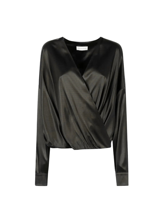 Blouse Femme Satin Noir Cache-Cœur – Élégance Chic & Fluide